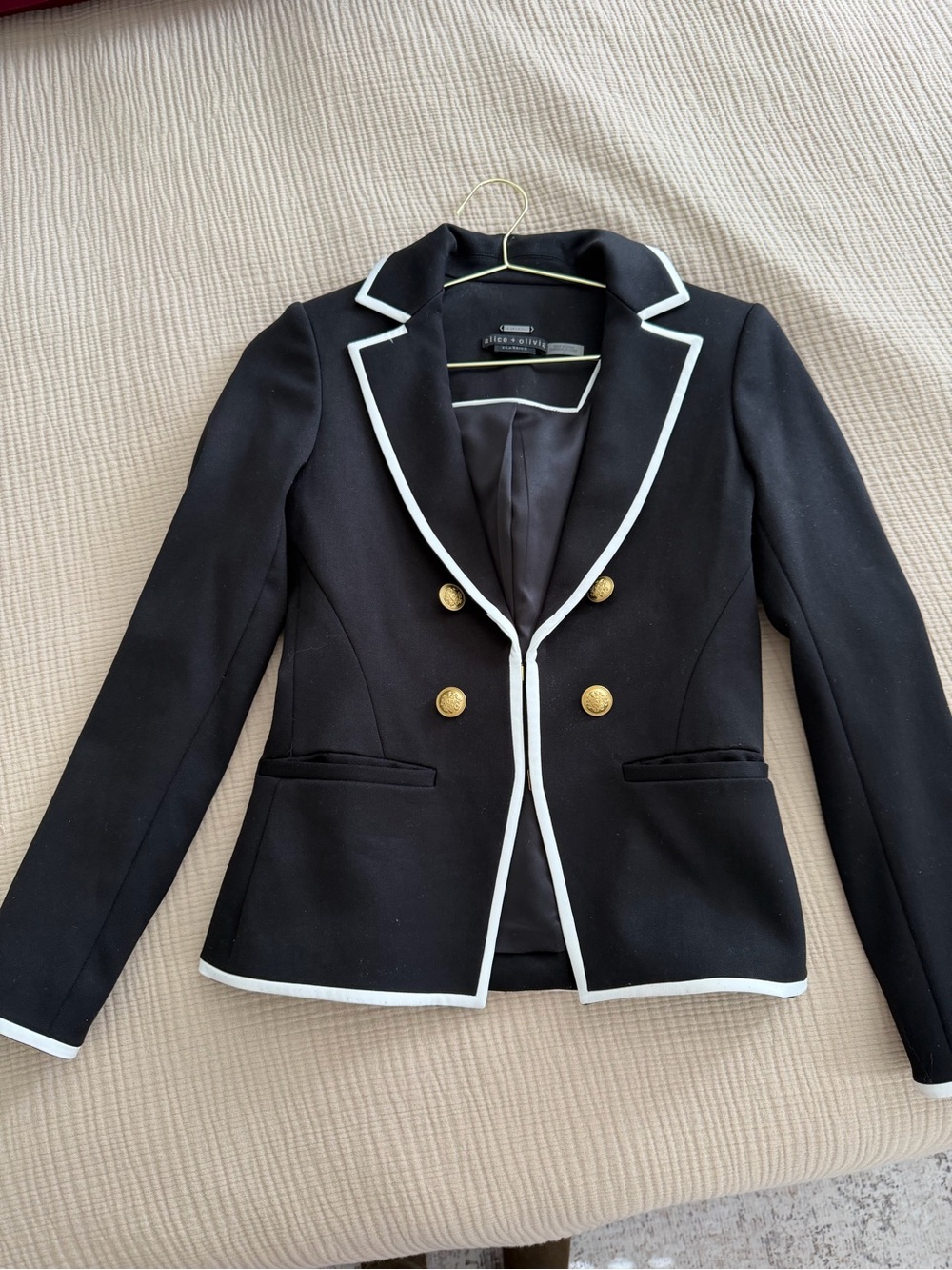 Alice + Olivia Black & White Piped Double-Breasted Blazer with Gold Buttons